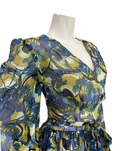 VINTAGE 60s 70s BLUE GREEN GOLD PSYCHEDELIC FLORAL SWIRL SHEER MAXI DRESS 8 10