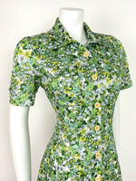 VINTAGE 60s 70s GREEN WHITE YELLOW FLORAL DITSY SHIRT WAIST SUMMER DRESS 12 14