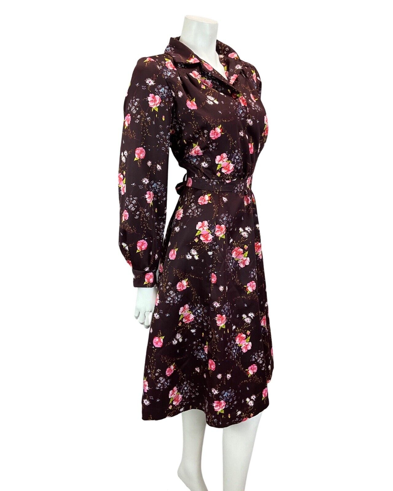 VINTAGE 60S 70S DRAK PURPLE PINK FLORAL BOHO MOD MIDI DRESS 12 14