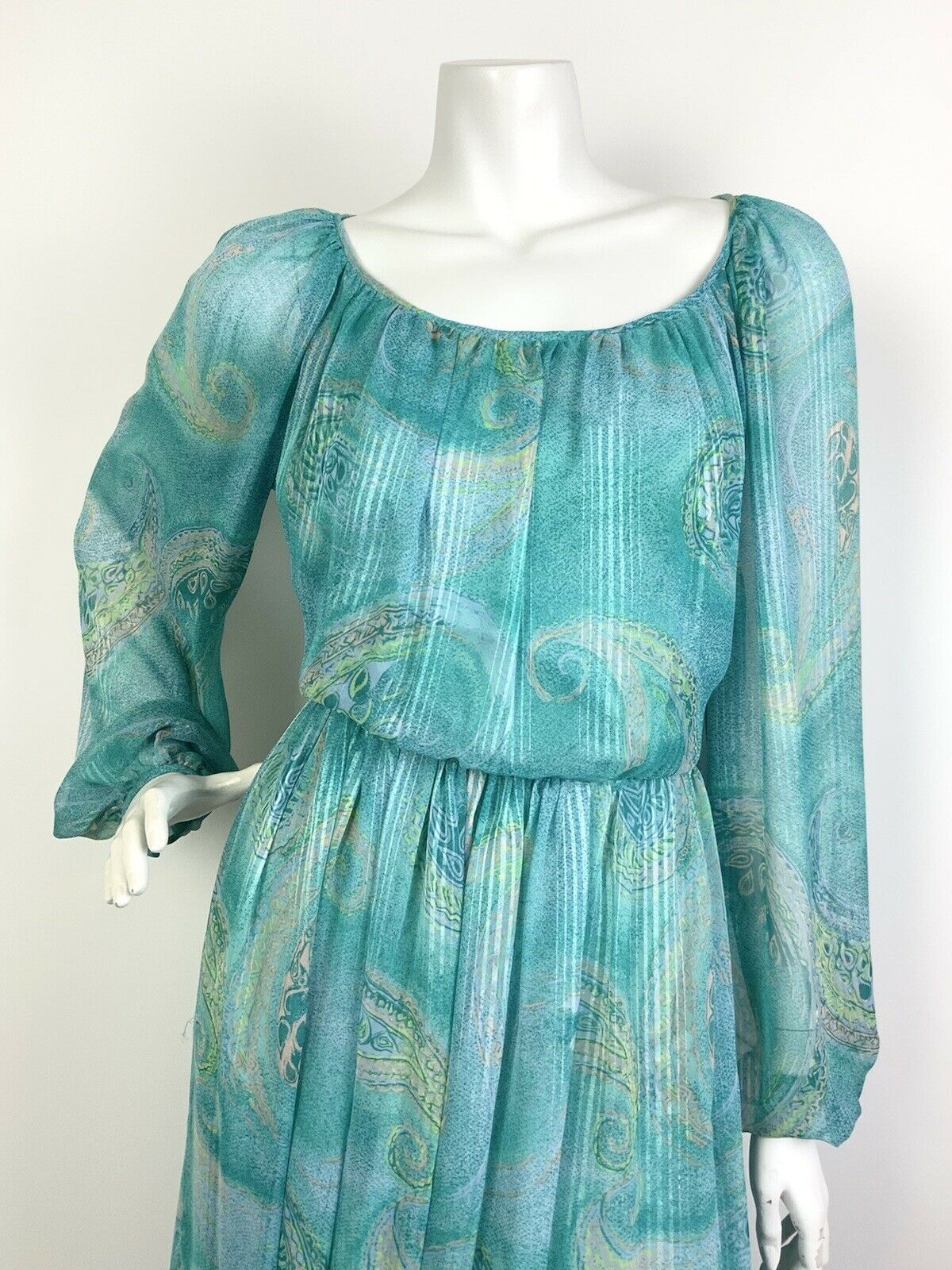 VINTAGE 60s 70s BLUE PEACH LILAC GREEN BOTEH PAISLEY SHEER BOHO MAXI DRESS 10 12