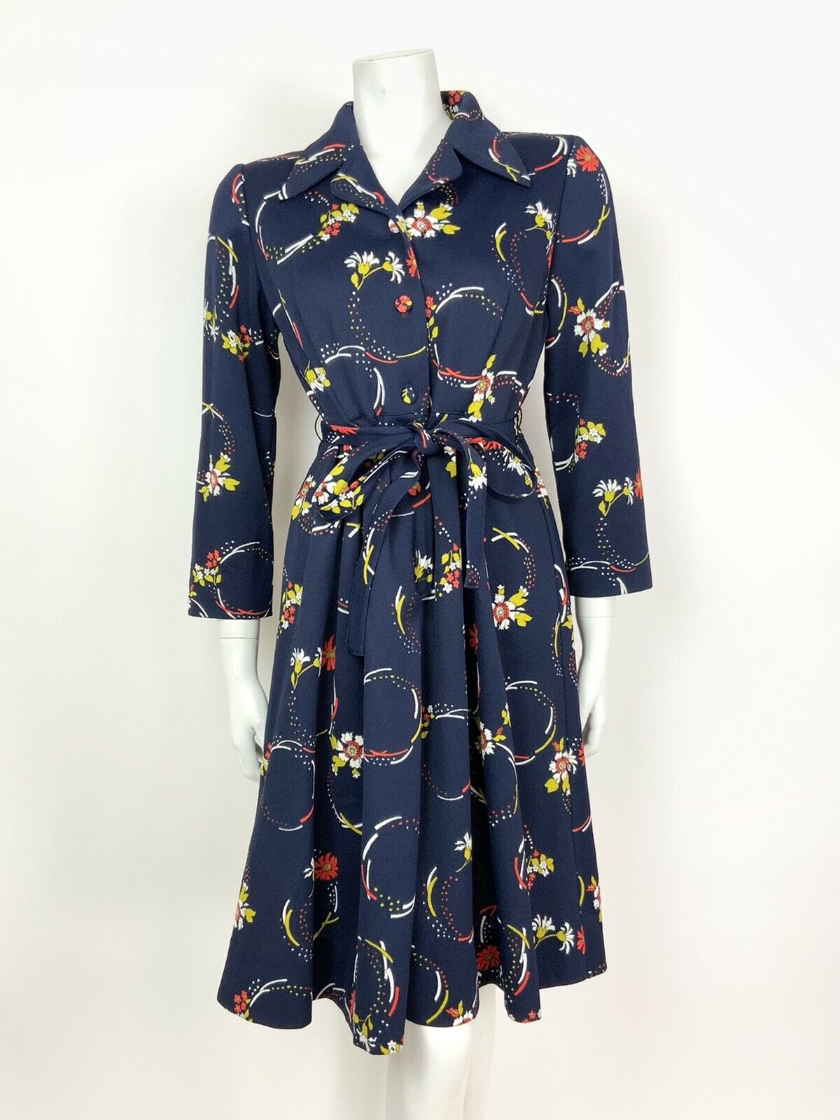 VINTAGE 60s 70s BLUE RED YELLOW FLORAL DAGGER COLLAR BELTED SHIRT DRESS 12 14