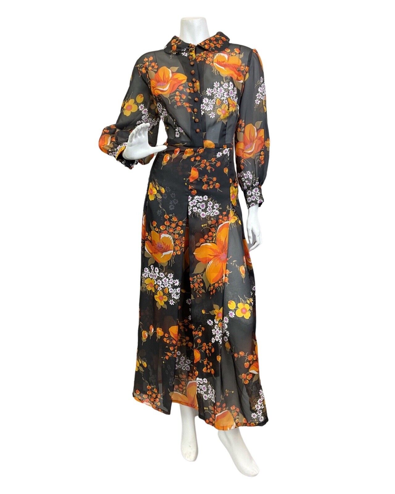 VTG 60s 70s BLACK ORANGE WHITE FLORAL PETER PAN COLLAR SHEER MAXI DRESS 16 18