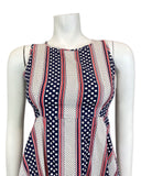 VINTAGE 60s 70s WHITE RED BLUE STRIPED POLKA-DOT DAISY SLEEVELESS MOD DRESS 6