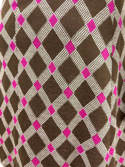 VTG 60s 70s MOD BROWN WHITE PINK DIAMOND CHECKERED GEOMETRIC DRESS 10 12