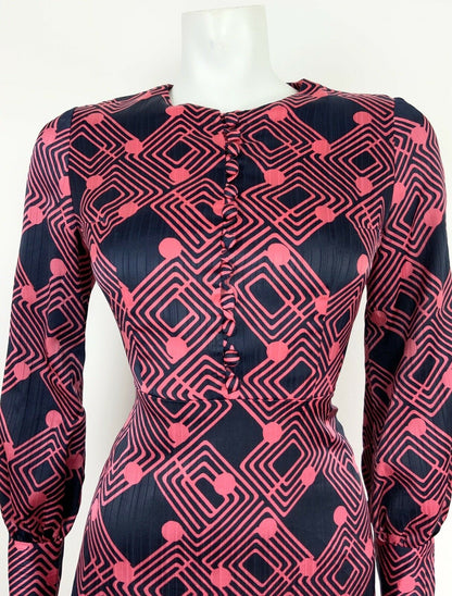 AMAZING VINTAGE 60s 70s NAVY BLUE PINK GEOMETRIC LATTICE MOD DRESS 10