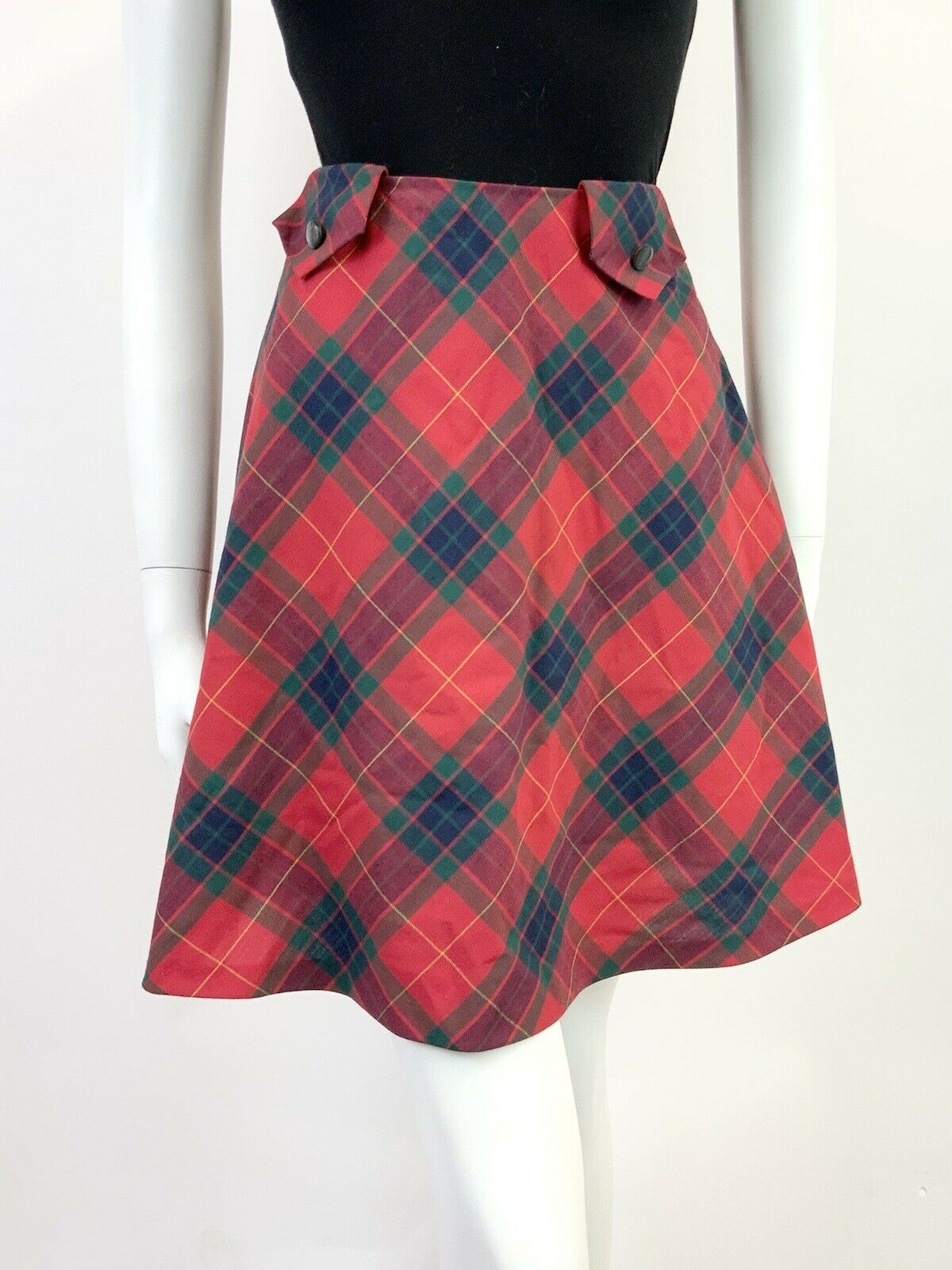 VINTAGE 60s 70s RED GREEN BLUE TARTAN CHECKED MOC CIRCLE SHORT SKIRT 8