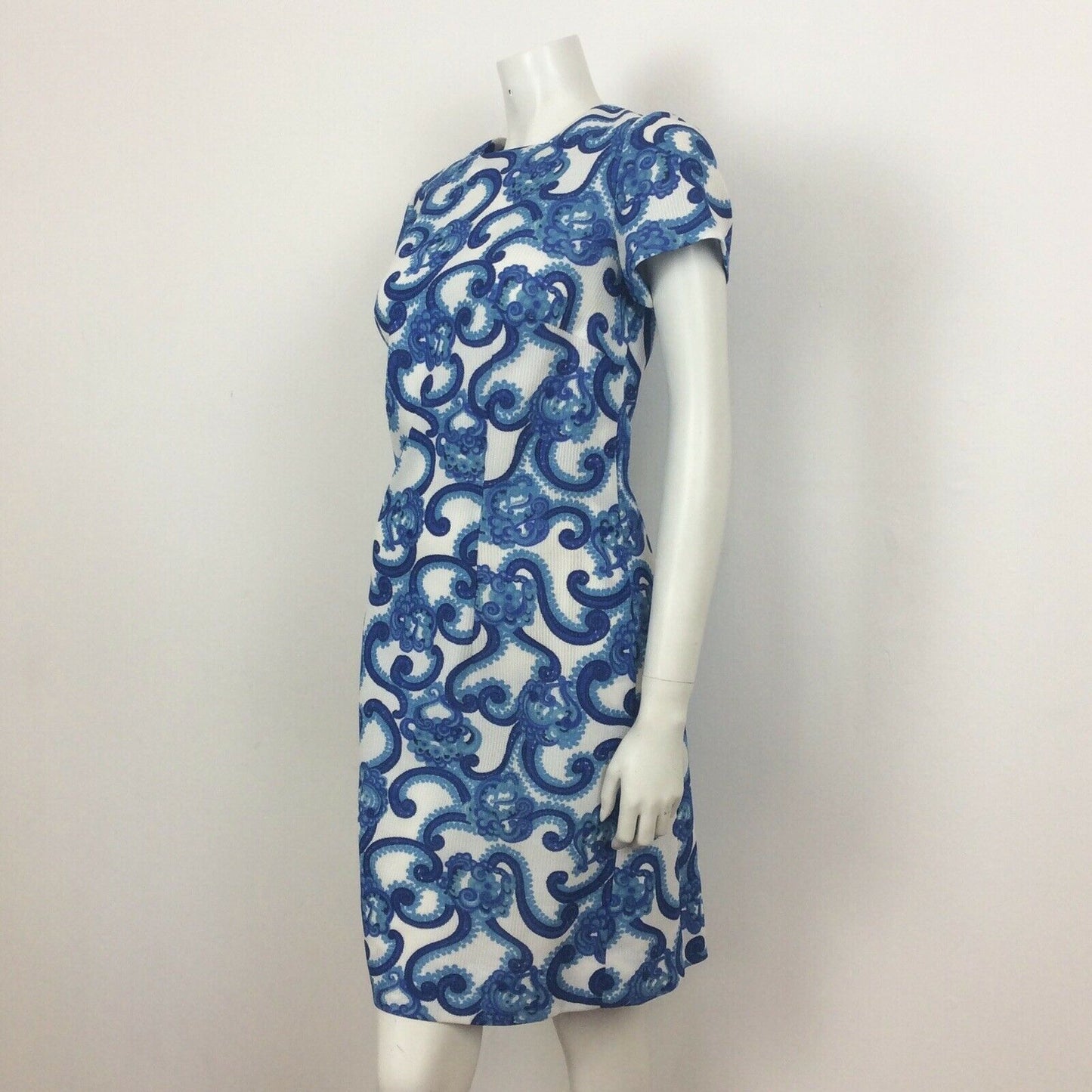 60S VINTAGE BLUE TURQUOISE WHITE PAISLEY PATTERN DRESS 12