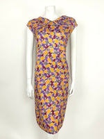 VTG 60s PINK PURPLE RED SILVER YELLOW ABSTRACT FLORAL SHIFT DRESS 14 16 18