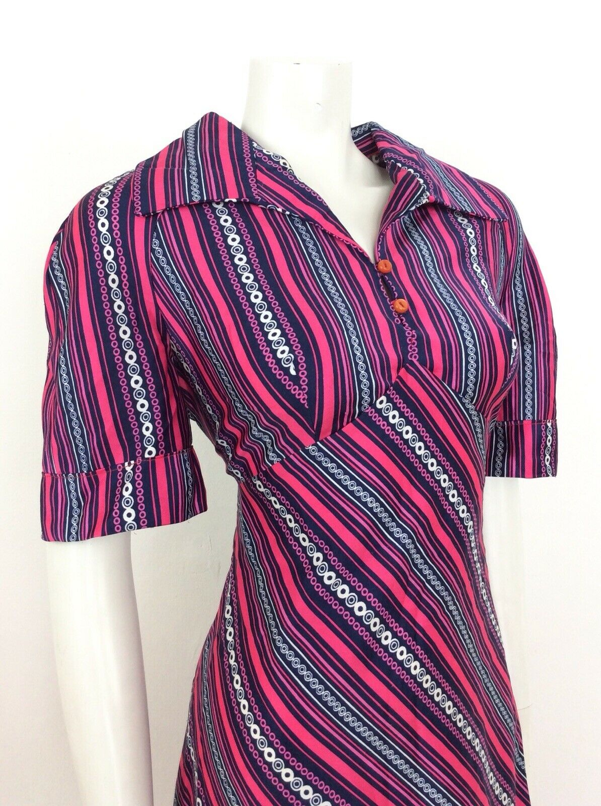 VINTAGE 60s 70s STRIPED CIRCLE GEOMETRIC SHIRT DRESS PINK BLUE WHITE 14