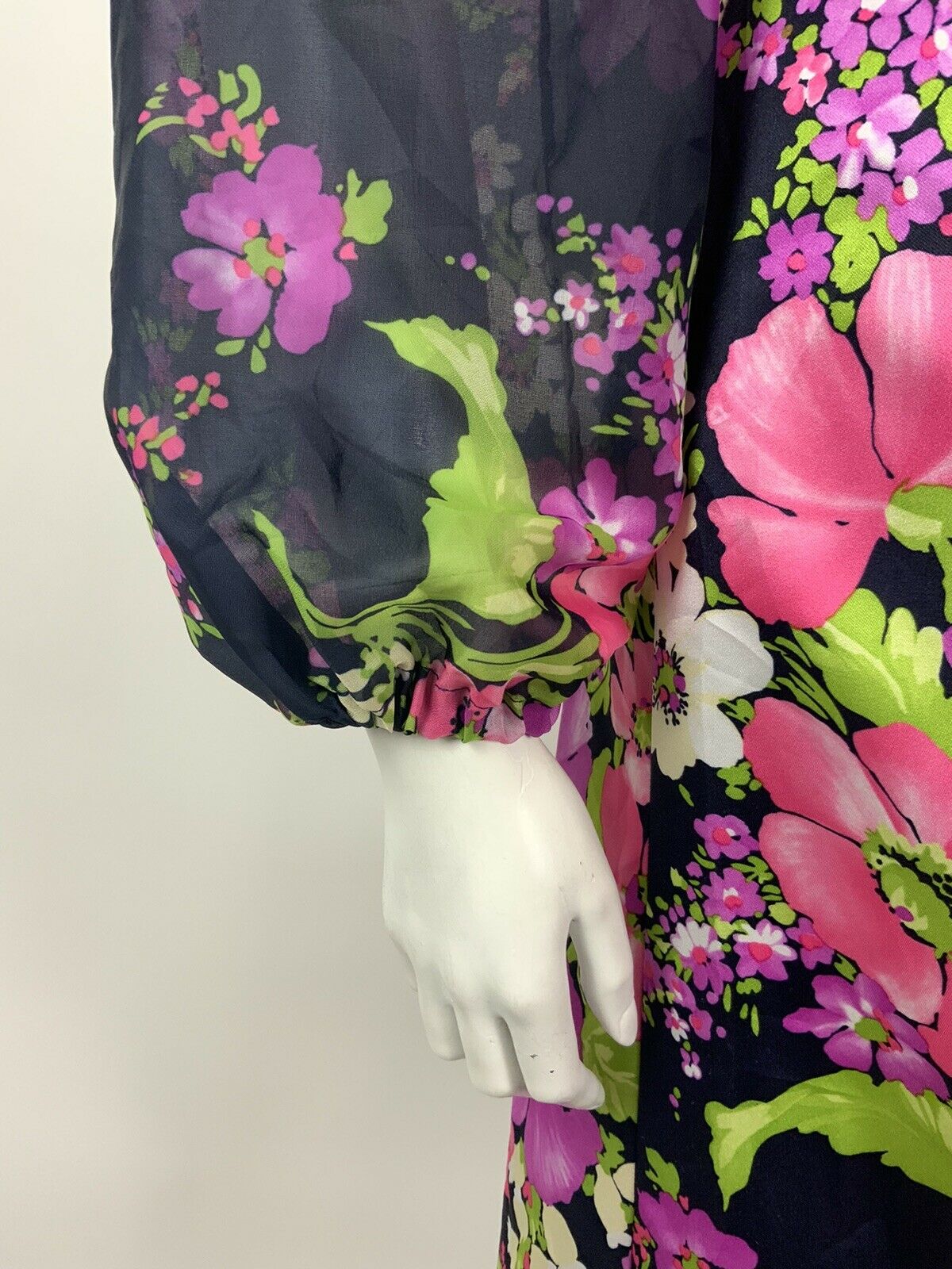 VINTAGE 60s 70s NAVY BLUE PURPLE PINK GREEN FLORAL PUFF SLEEVE DRESS 10 12