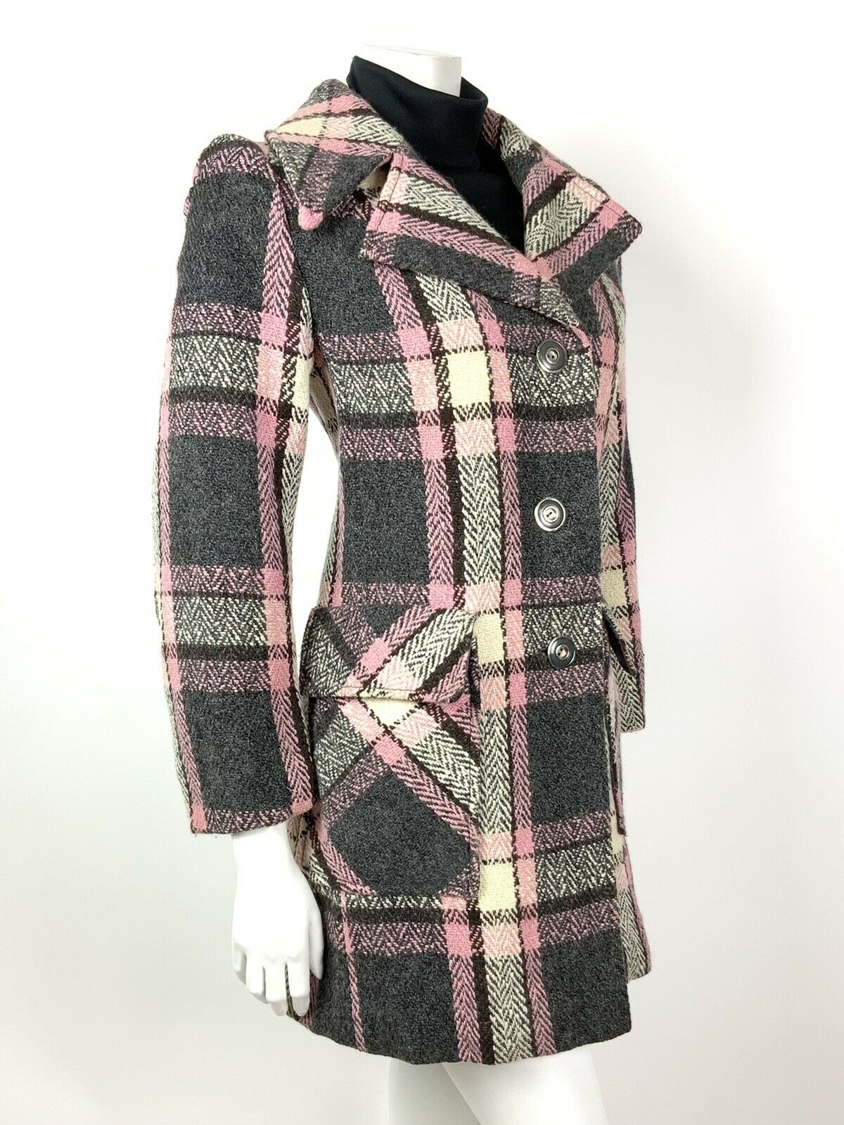 VINTAGE 60s 70s GREY SILVER WHITE BROWN PINK PLAID CHECKED MOD SWING COAT 14 16