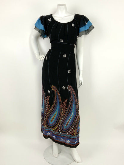 VINTAGE 60s 70s BLACK BLUE RED WHITE FLORAL PAISLEY GYPSY FOLK MAXI DRESS 12 14