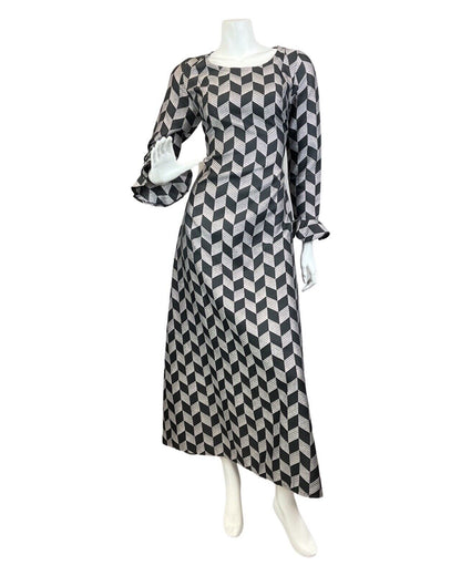 VINTAGE 60s 70s BLACK SILVER LUREX CHEVRON MOD DISCO STUDIO 54 MAXI DRESS 12