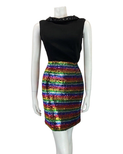 VINTAGE 60s 70s BLACK STRIPED RAINDOW SEQUIN MOD DISCO PARTY SLEEVELESS DRESS 8