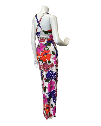 VINTAGE 60s 70s WHITE RED PURPLE FLORAL POPPY SLEEVELESS MAXI DRESS 10 12