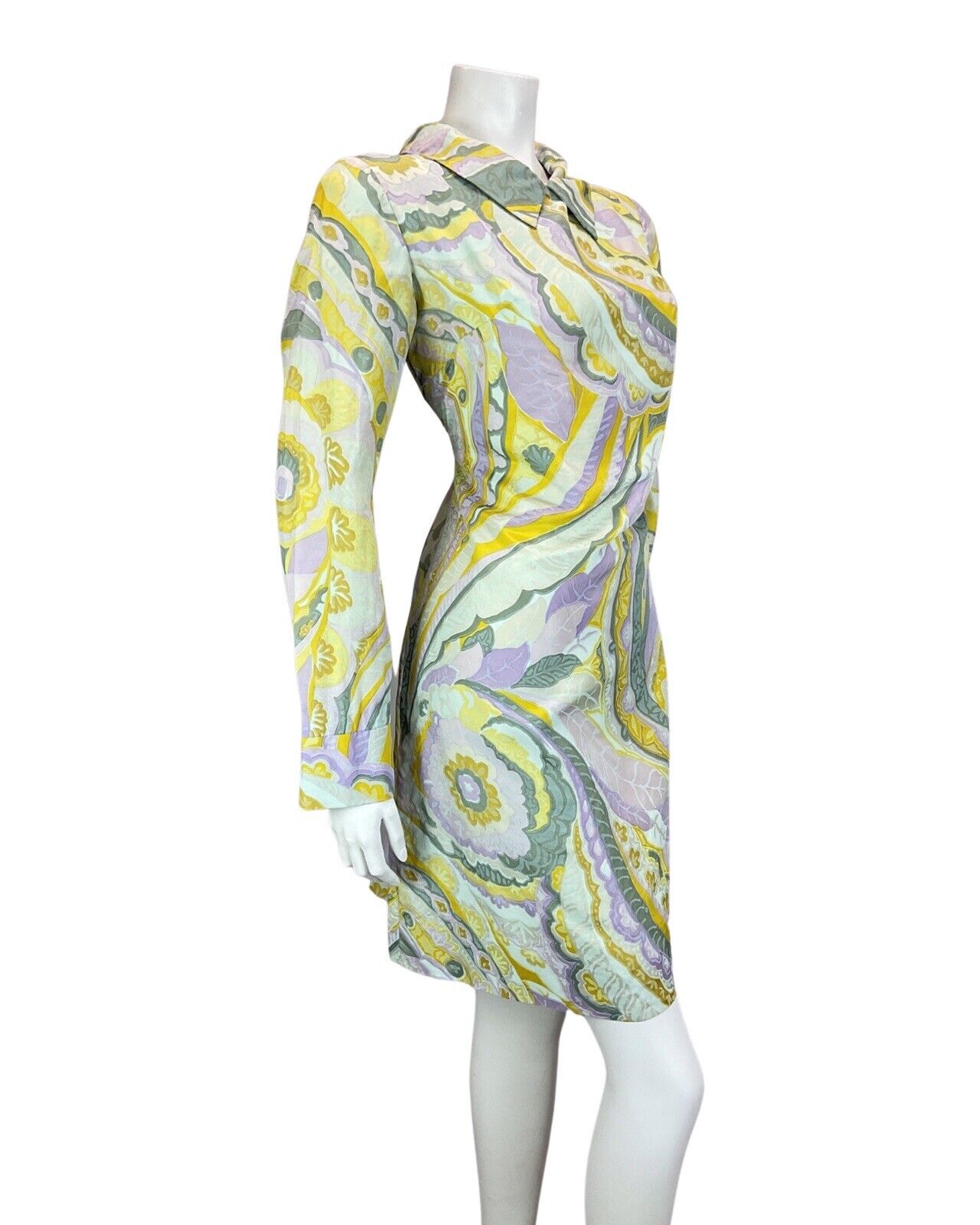 VINTAGE 60s 70s GREEN YELLOW PSYCHEDELIC FLORAL MOD SHIRT SHIFT DRESS 10 12