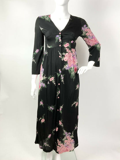 VINTAGE 60s 70s BLACK PASTEL PINK PURPLE GREEN FLORAL BOUQUET MAXI DRESS 14 16