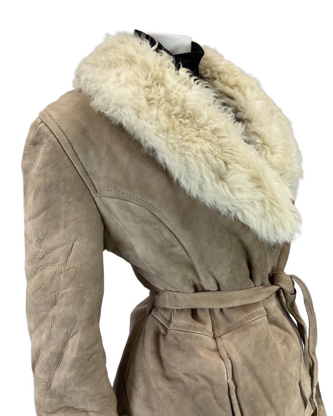 VINTAGE 60s 70s CREAM SAND BROWN BELTED MOD SUEDE SHEARLING WRAP COAT 12 14