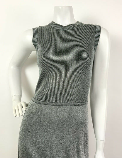 VTG 60s 70s GREY SILVER GLITTER METALLIC PARTY LUREX RIBBED MAXI DRESS 6 8