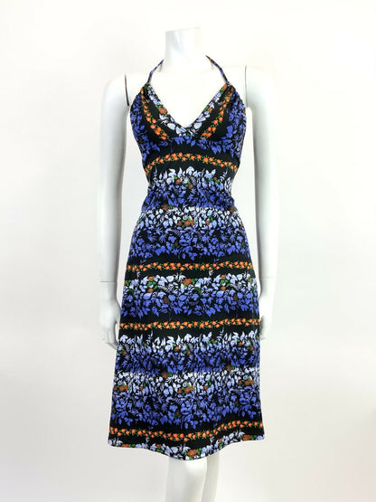 VINTAGE 60s 70s BLACK BLUE ORANGE WHITE FLORAL PSYCHEDELIC HALTER MINI DRESS 10