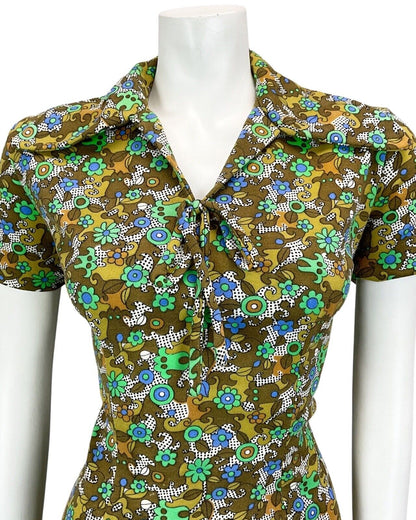 VINTAGE 60S 70S GREEN KHAKI BLUE FLORAL PSYCHEDELIC PRINT MINI DRESS 14