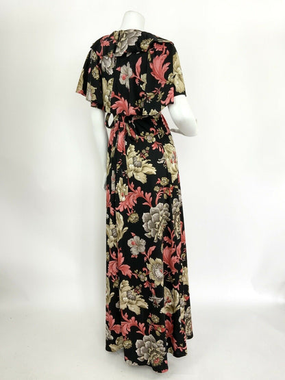 VTG 60s 70s BLACK BEIGE GREY PINK ART NOUVEAU FLORAL RUFFLE CAPE MAXI DRESS 10