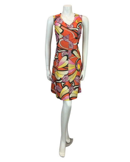 VINTAGE 60s 70s PSYCHEDELIC ORANGE PRINK YELLOW MIDI DRESS 12 14