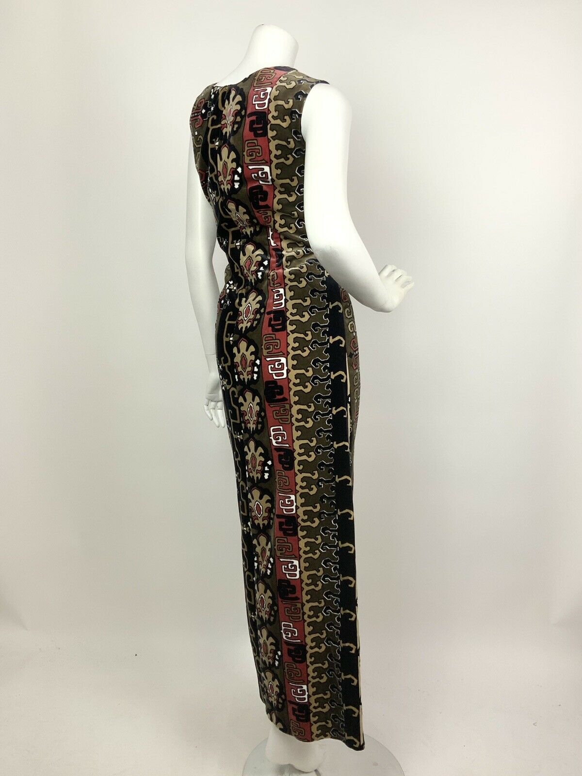 VINTAGE 60s 70s BLACK BROWN RED BEIGE GEOMETRIC AZTEC VELVET MAXI DRESS 10 12