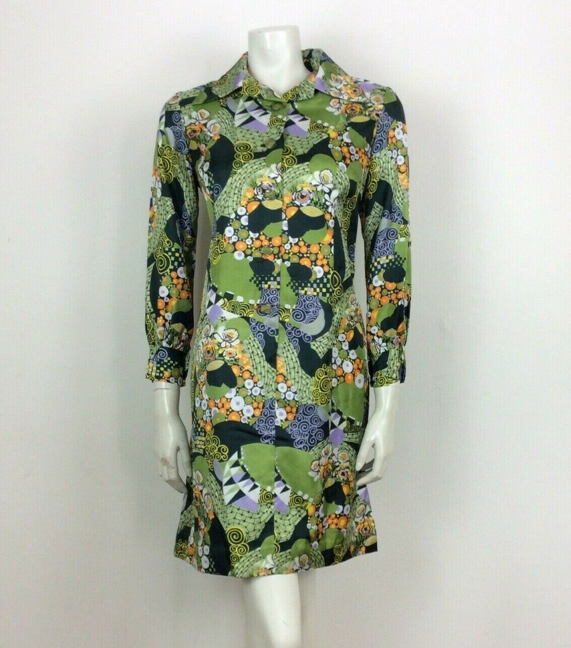 VINTAGE 70s ABSTRACT PSYCHEDELIC SHIRT DRESS GREEN PURPLE YELLOW SWIRL 12 14