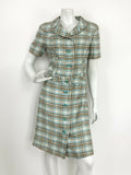 VINTAGE 60s 70s CREAM BLUE BROWN TARTAN PLAID MOD SHIRT COLLAR DRESS 12