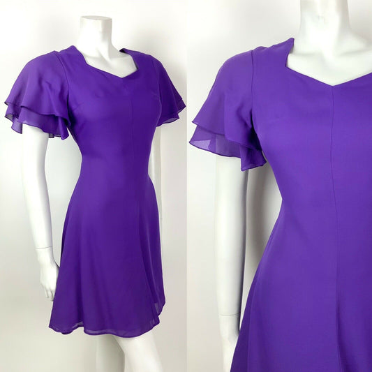 VINTAGE 60s 70s VIOLET PURPLE FLUTTER SLEEVE FLOATY SHORT DRESS 8