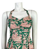 VTG 60s 70s GREEN RED CREAM CHINESE TIGER BLOSSOM CACHAREL HALTER SUN-DRESS 6 8