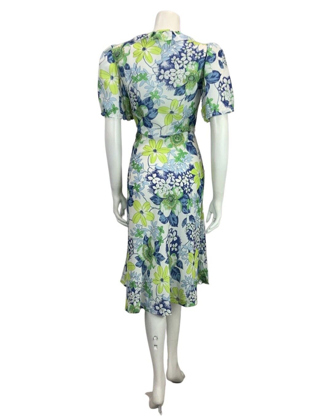 VINTAGE 60s 70s GREEN BLUE WHITE FLORAL PRINT FLOATY RUFFLED BOHO MIDI DRESS 8