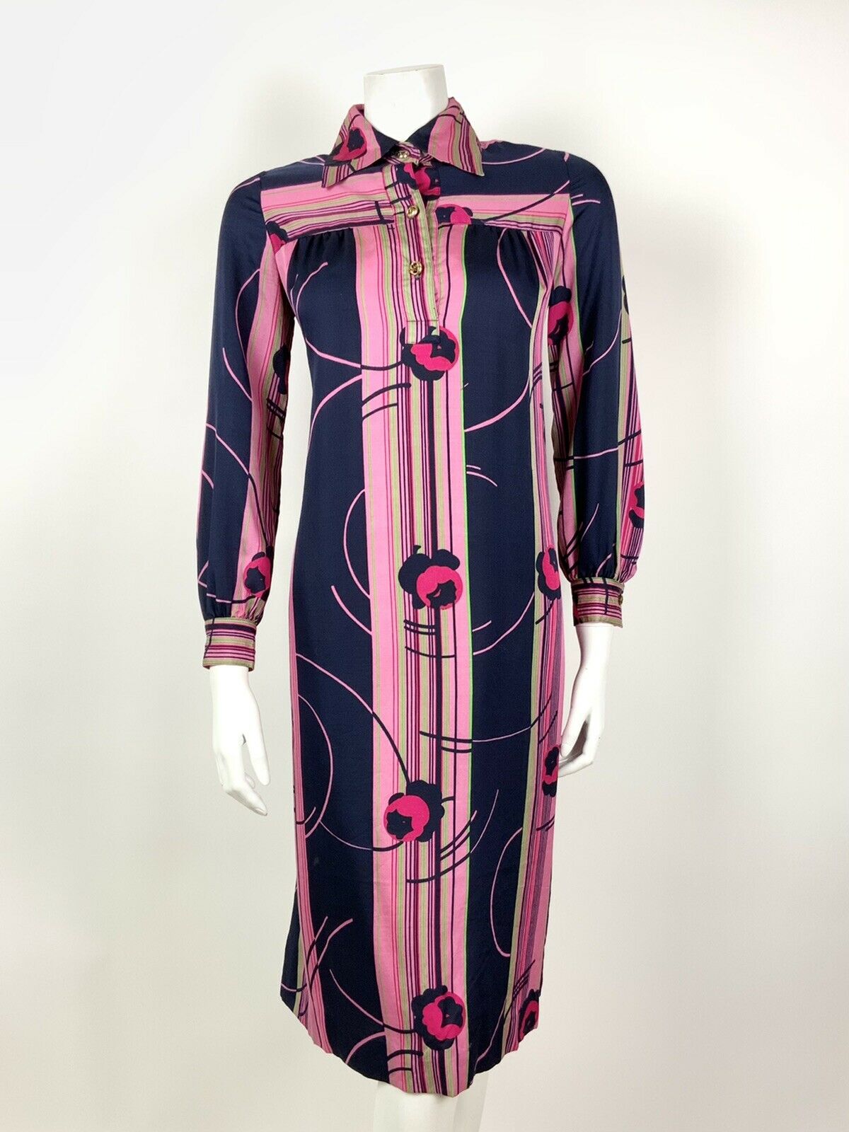 VINTAGE 60s 70s NAVY BLUE PINK GREEN STRIPED FLORAL DAGGER SHIRT DRESS 10 12