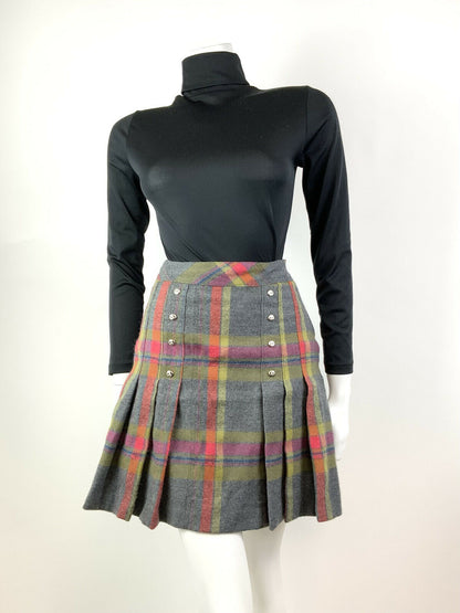 VINTAGE 60s 70s GREY YELLOW RED PLAID CHECKED MOD PREPPY PLEATED SHORT SKIRT 8