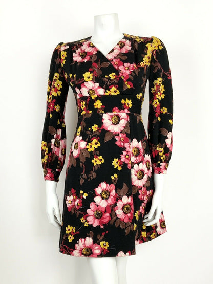 VINTAGE 60s 70s BLACK PINK YELLOW FLORAL BOHO WRAP DRESS 10 12