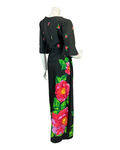 VINTAGE 60s 70s BLACK PINK GREEN FLORAL GARDEN MOD BOHO MAXI DRESS 16