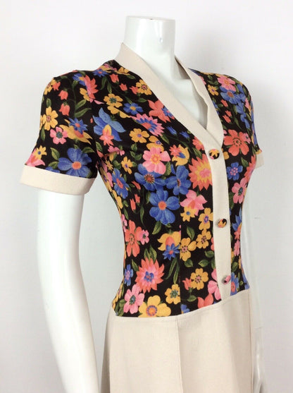 VINTAGE 60s 70s BEIGE PSYCHEDELIC BLACK ORANGE BLUE FLORAL DRESS 10 12