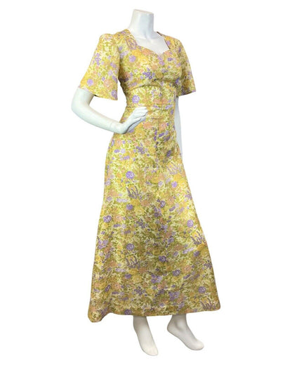 VINTAGE 60s 70s YELLOW GREEN LILAC GARDEN FLORAL DITSY SWEETHEART MAXI DRESS 10