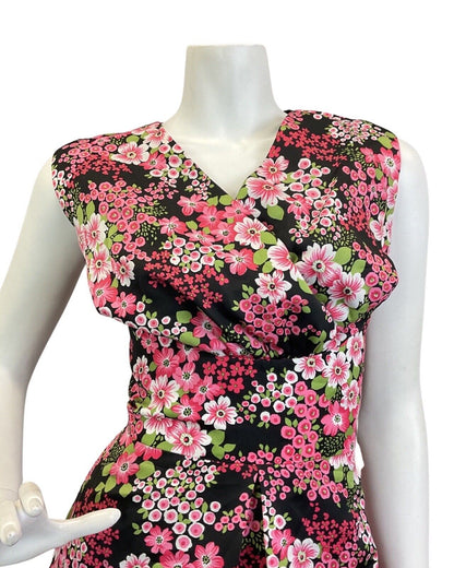 VINTAGE 70s BLACK PINK GREEN PSYCHEDELIC FLORAL SLEEVELESS MAXI DRESS 14 16