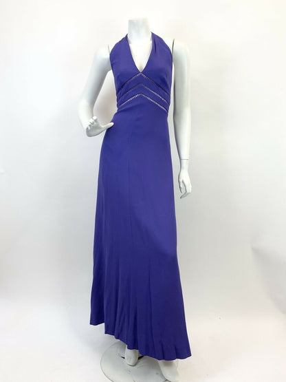 VTG 60s 70s VIOLET PURPLE CUT-OUT STUDIO 54 GLAM PLUNGING HALTER MAXI DRESS 10