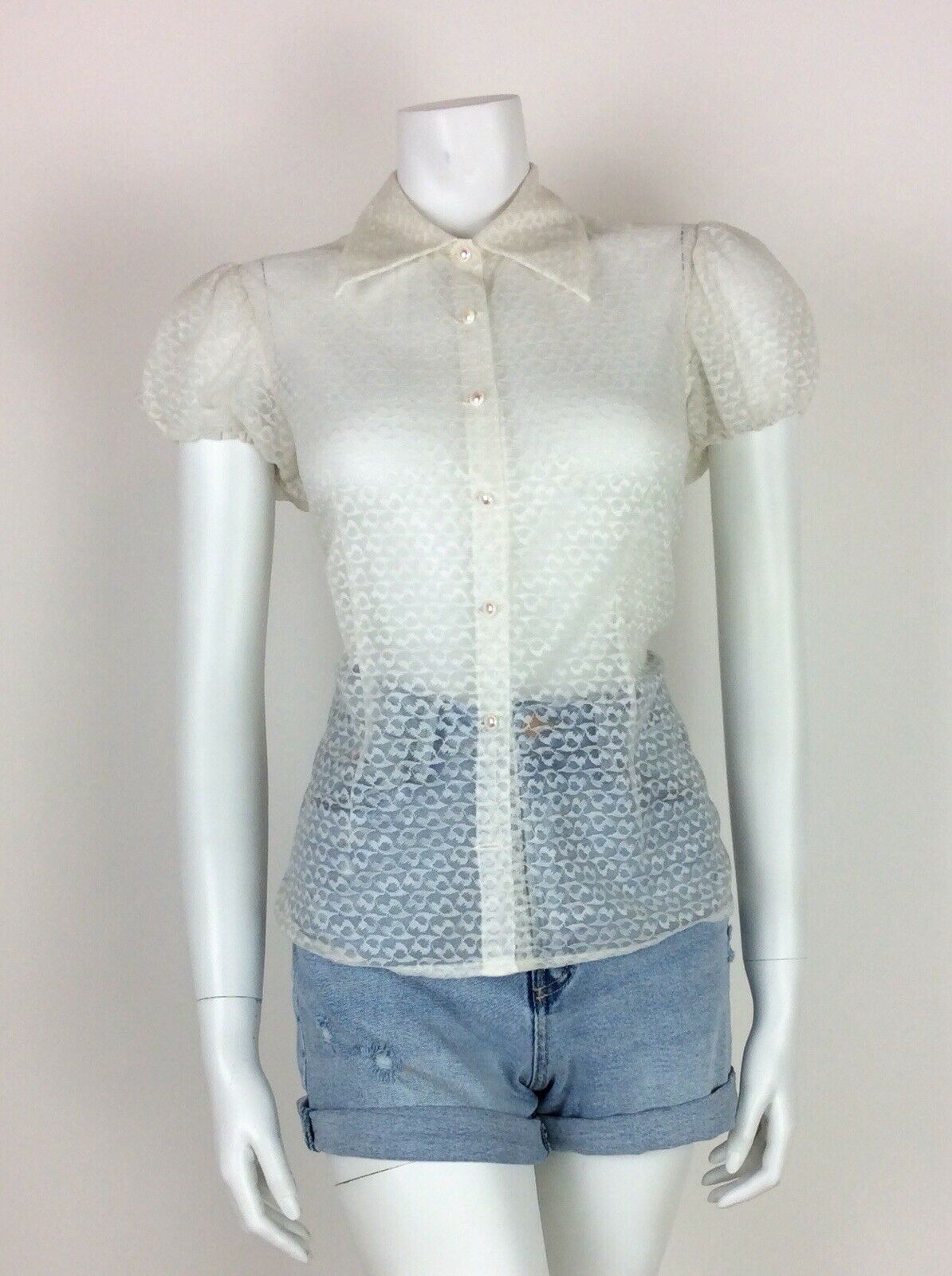 VINTAGE 60s 70s WHITE SHEER LACE MOD POINTED COLLAR SHIRT BLOUSE 12 14