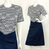 VINTAGE 60s 70s NAVY BLUE WHITE POLKA DOT OP ART DRESS 12