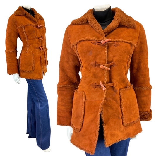 VINTAGE 60s 70s ORANGE RUST BROWN TOGGLE SHORT SHEEPSKIN SHEARLING COAT 10 12