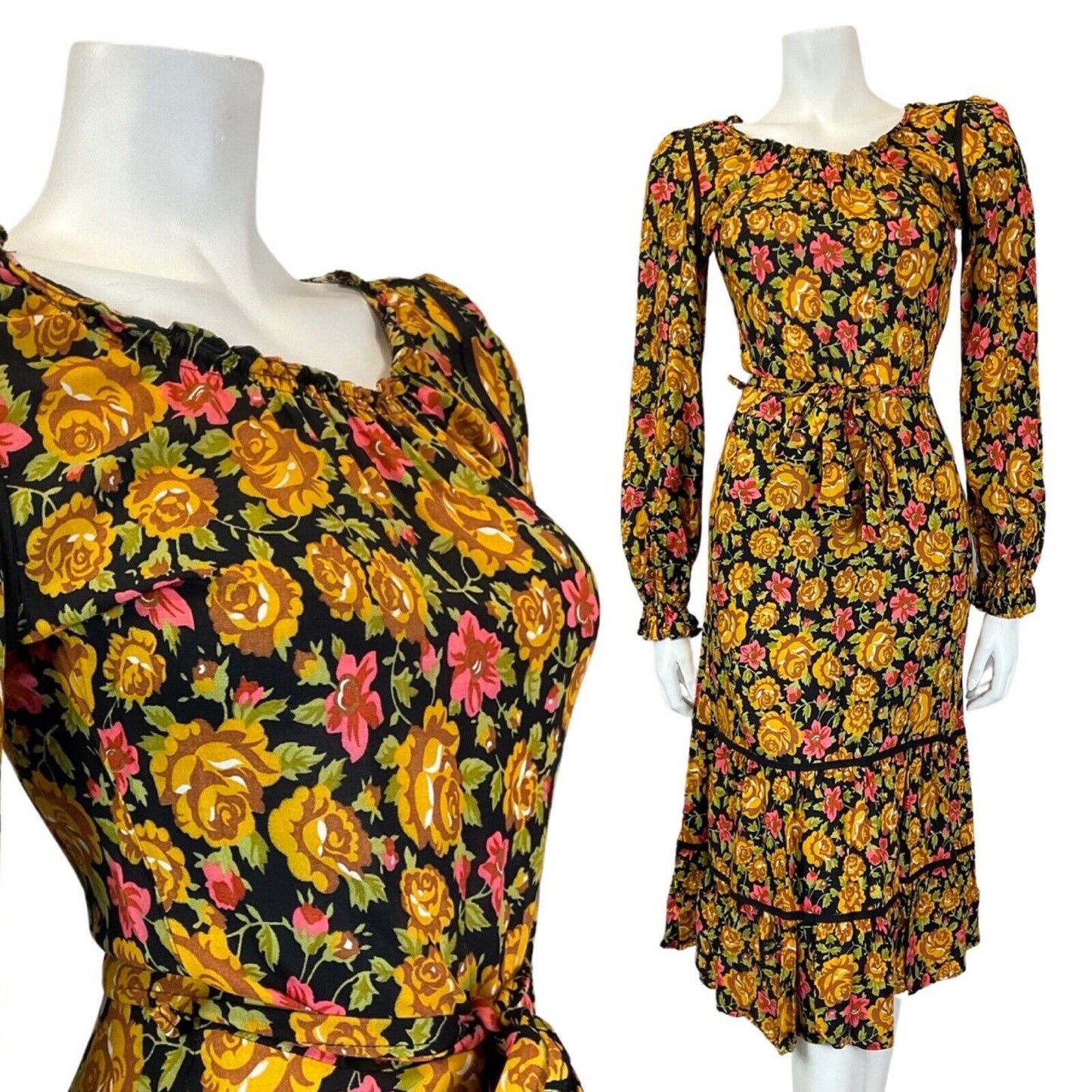 VINTAGE 60s 70s GOLD BLACK PINK FLORAL ROSE BOHO PRAIRIE LONGSLEEVE MIDI DRESS 6