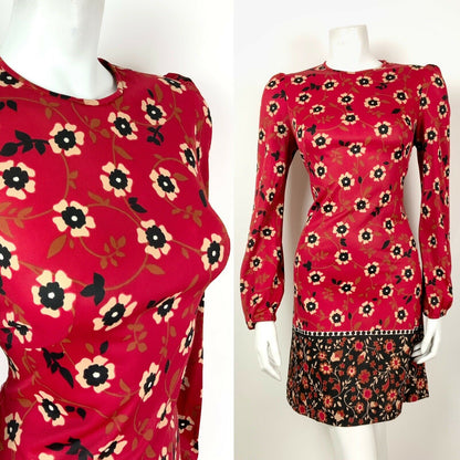 VINTAGE 60s 70s RED BLACK BEIGE FLORAL BOHO FOLK BETTY BARCLAY DRESS 10 12