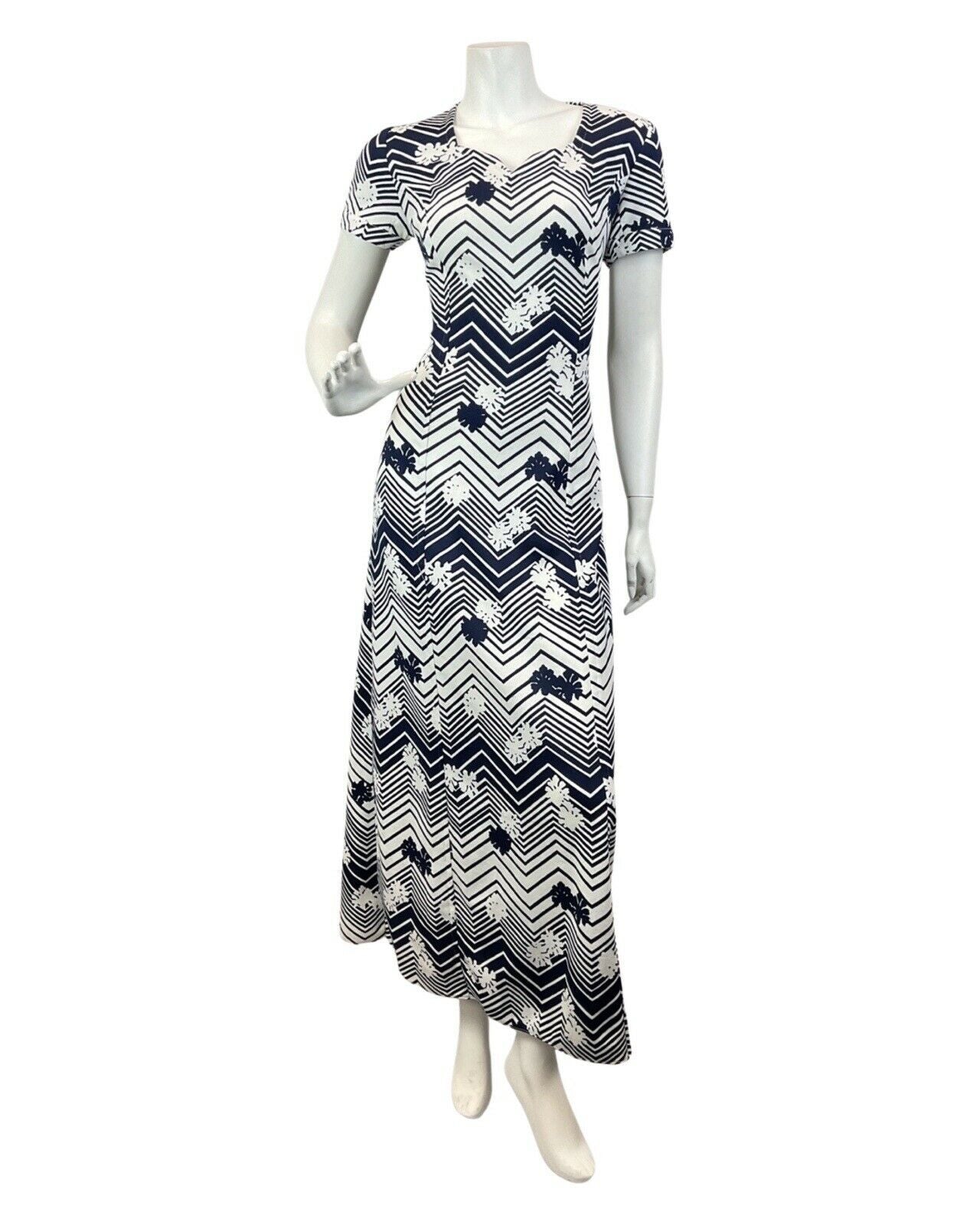 VINTAGE 60s 70s WHITE NAVY BLUE ZIG-ZAG FLORAL OP-ART MOD MAXI DRESS 10 12