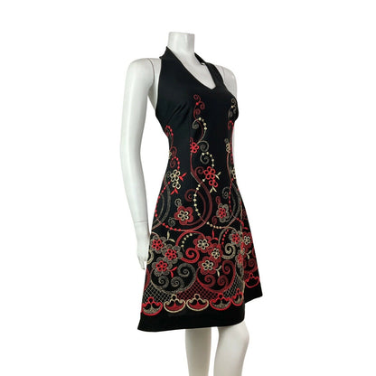 VINTAGE 60s 70s BLACK RED GOLD FLORAL EMBROIDERED PARTY GLAM HALTER DRESS 14