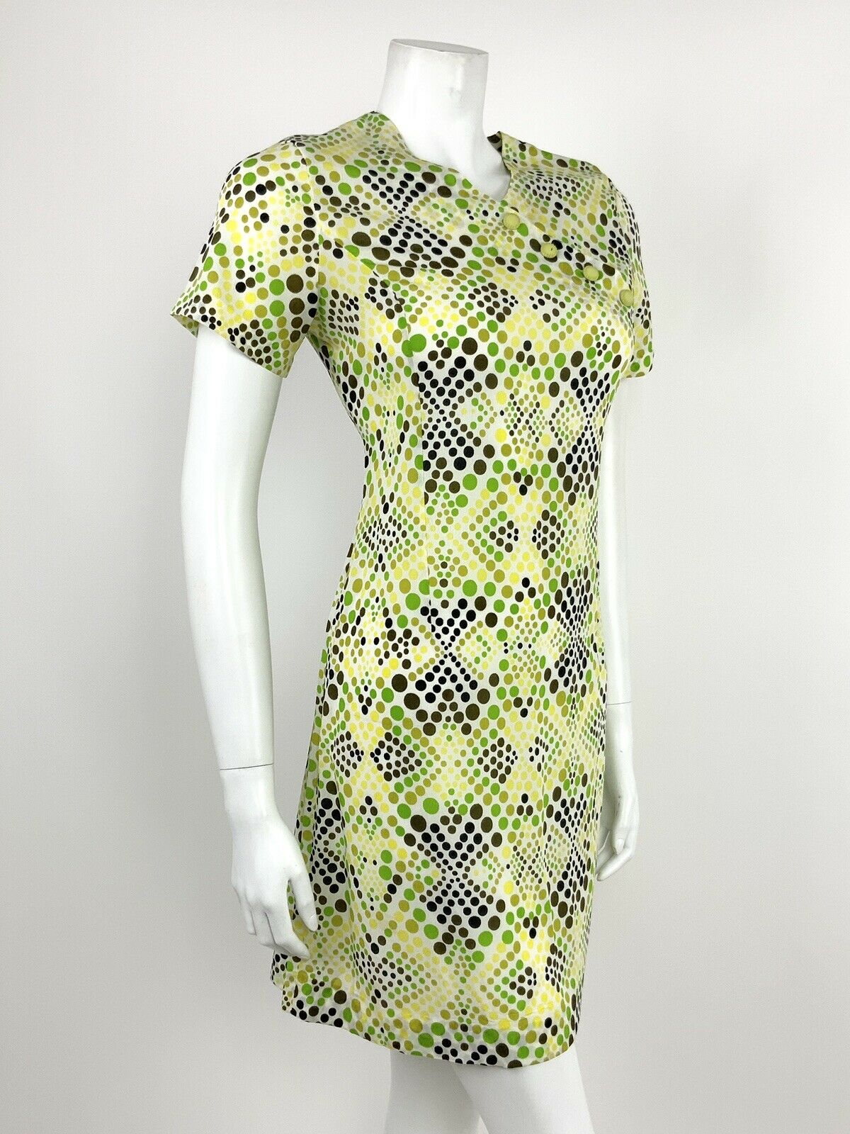 VINTAGE 60s 70s WHITE GREEN BLACK YELLOW OP-ART POLKA DOT PSYCHEDELIC DRESS 12