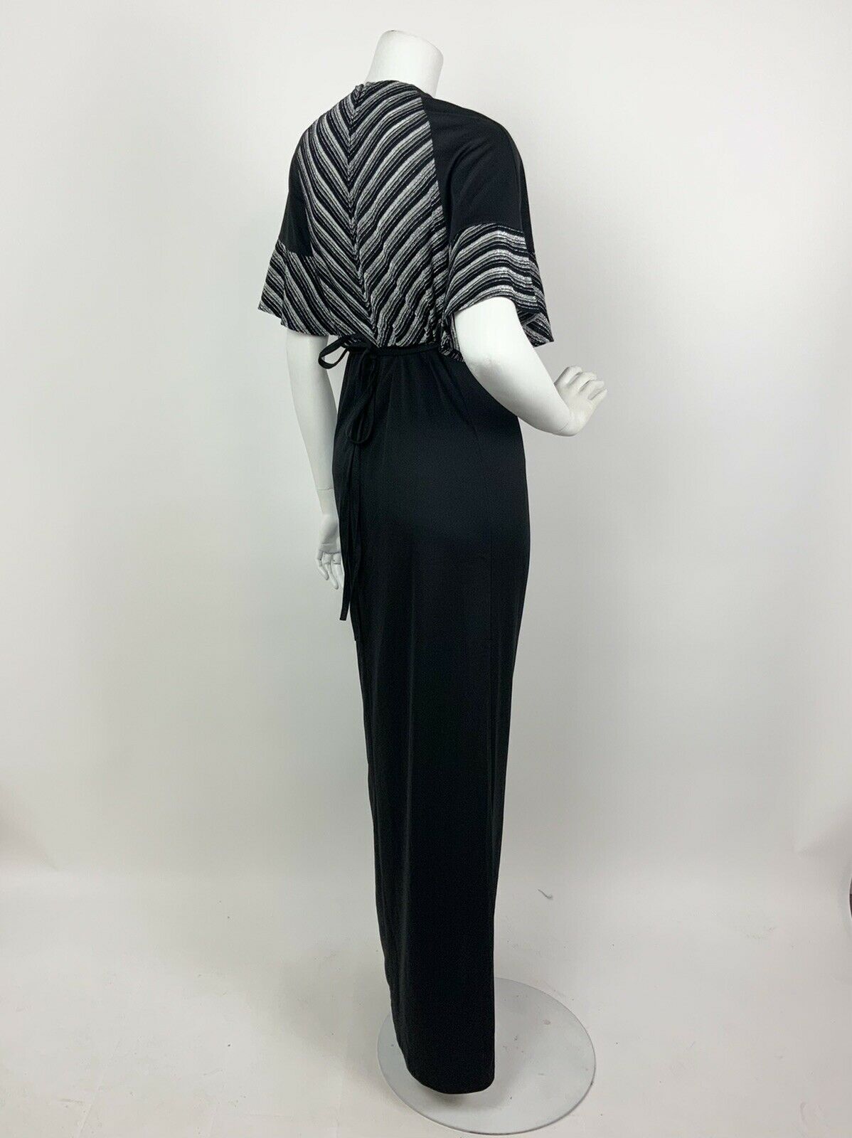 VTG 60s 70s BLACK METALLIC SILVER STRIPED BELL SLEEVE DISCO GLAM MAXI DRESS 8 10